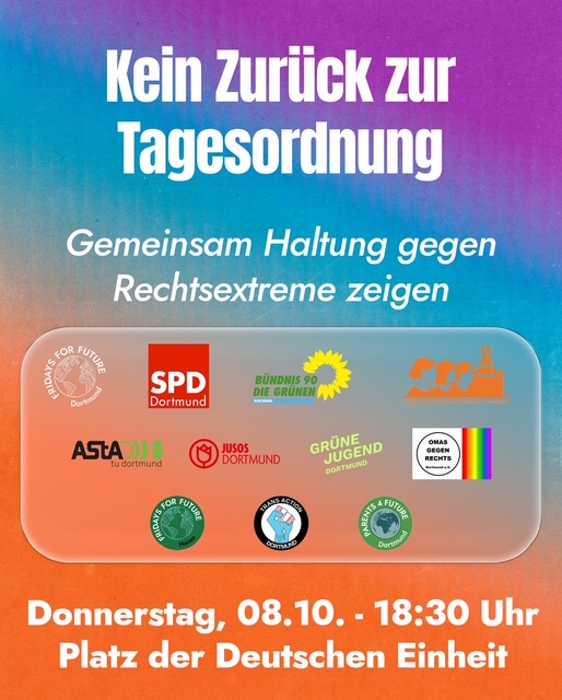 Grafik ‚Kein Zurück zur Tagesordnung – Gemeinsam Haltung gegen Rechtsextreme zeigen‘ mit Logos beteiligter Organisationen.
