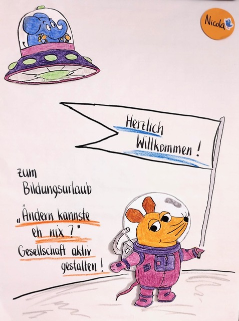 Gezeichnete Willkommensgrafik mit Fahne ‚Herzlich Willkommen!‘, Ufo und Maus.