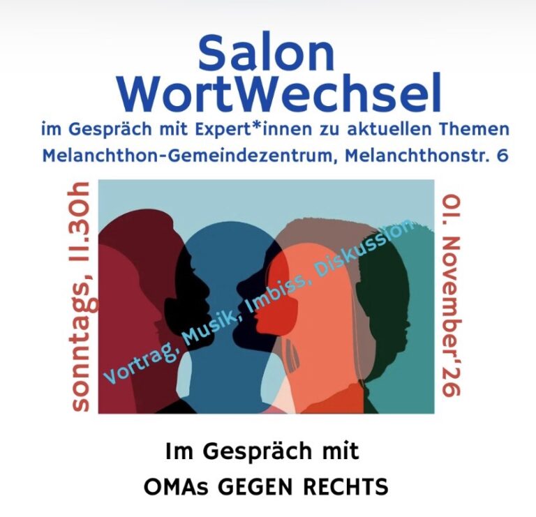 Veranstaltungsplakat ‚Salon WortWechsel‘: Gespräch mit Expert*innen zu aktuellen Themen, Sonntag, 1. November, im Melanchthon-Gemeindezentrum.